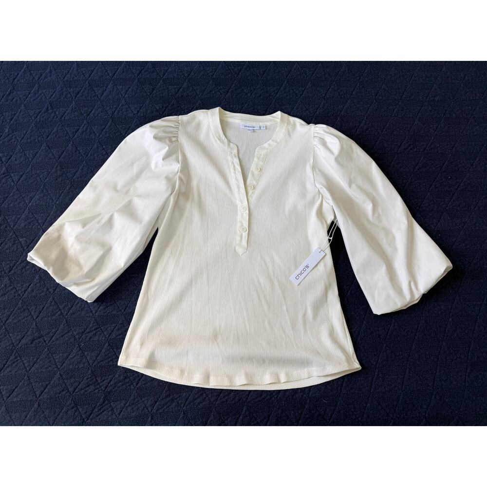 Chico's Size 2 L Ecru Ribbed Henley Top Faux Leather Puff Sleeve NWT